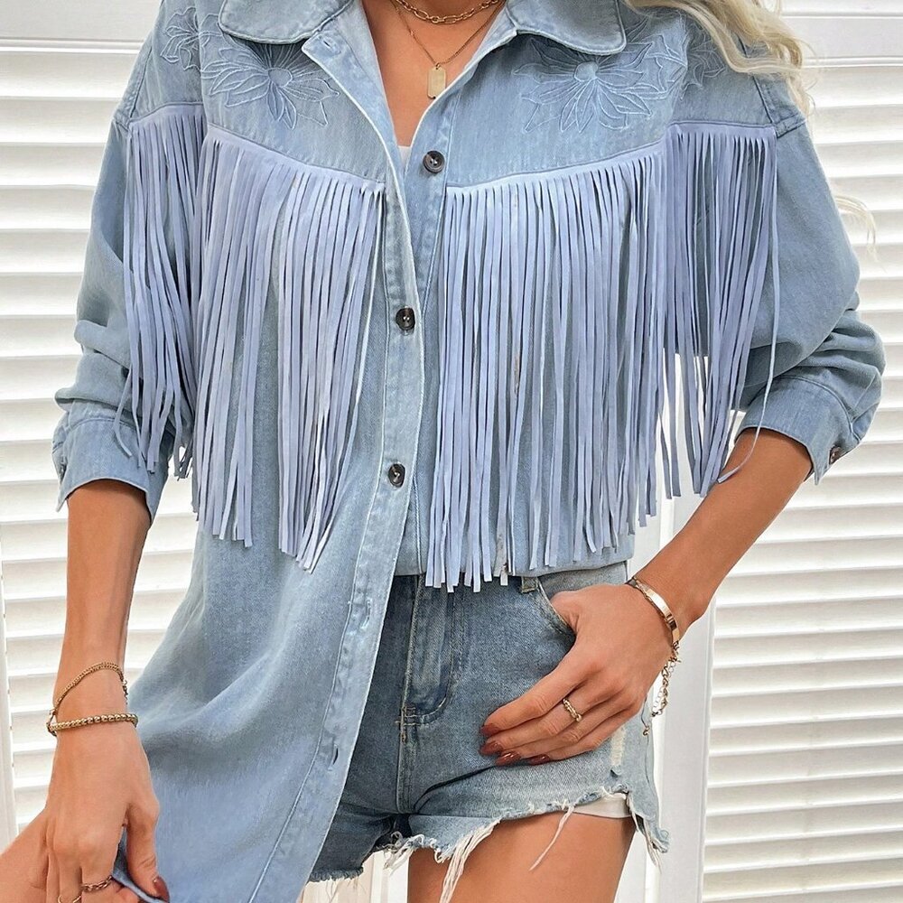 Light Wash Casual Women's Fringe Decorated Denim Jacket - Picture 3 of 6